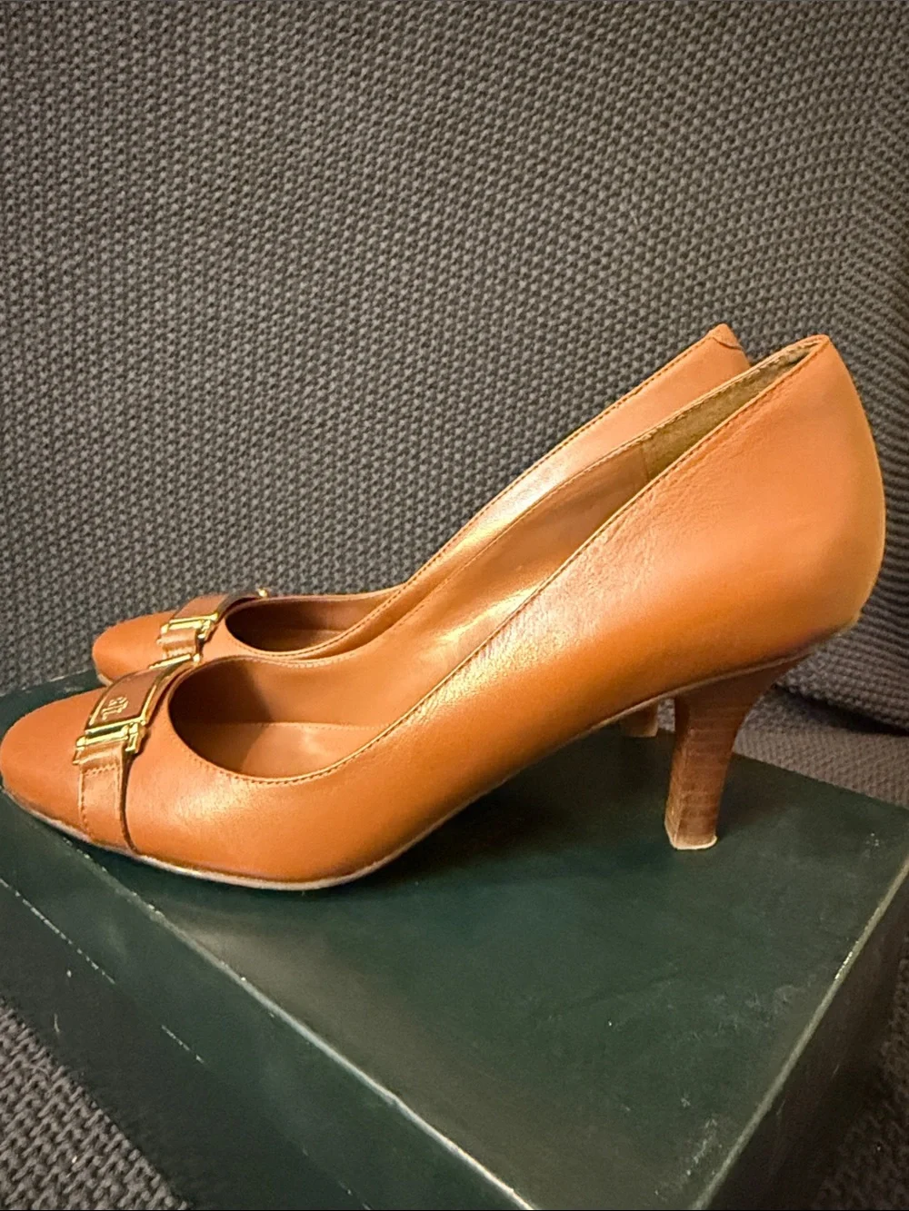 Polo by Ralph Lauren Cognac Leather Heeled Pumps with Gold Buckle